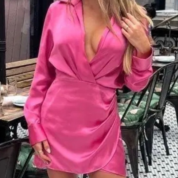 Zara Satin Mini Dress Bishop Sleeve Tulip Hem Hot Pink Large - Picture 4 of 13
